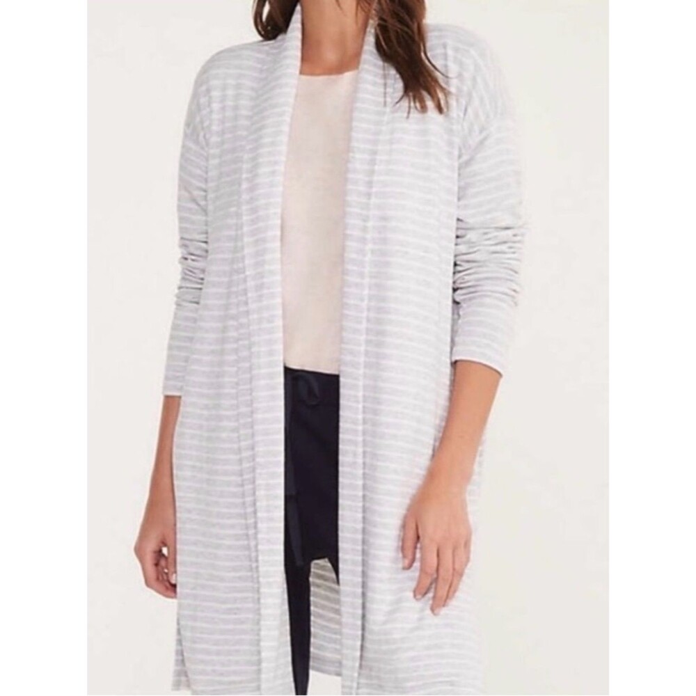 Lou & Grey Grey & White Striped Open-Front Longline Cardigan with Pockets Small